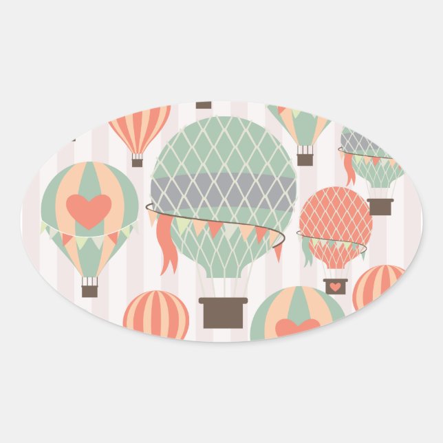 Pastel Hot Air Balloons Rising Pink Striped Sky Oval Sticker (Front)