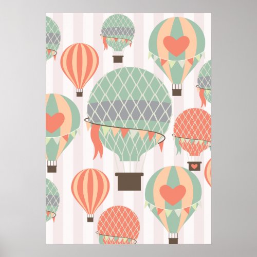 Pastel Hot Air Balloons Rising Pink Striped Sky Poster