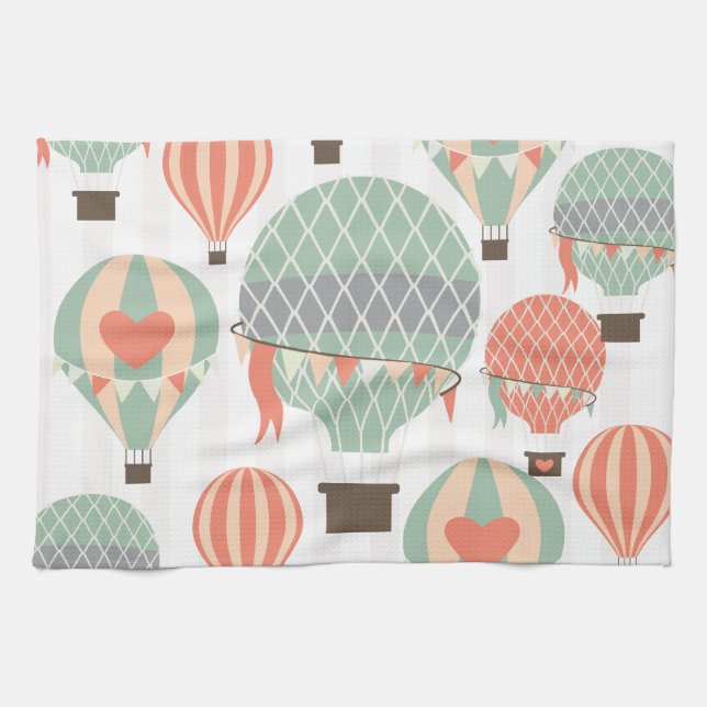Pastel Hot Air Balloons Rising Pink Striped Sky Towel (Horizontal)