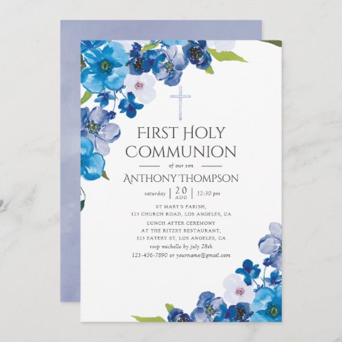 Pastel Hues of Blue Floral Baptism or Christening Invitation