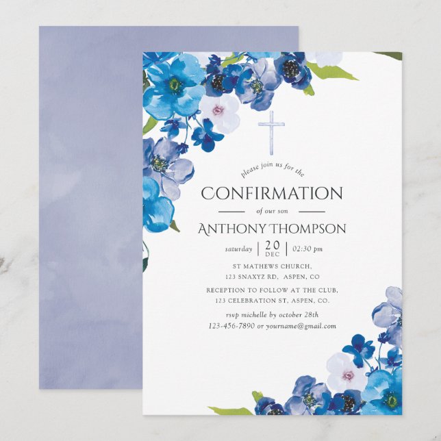 Pastel Hues of Blue Floral Confirmation Invitation (Front/Back)