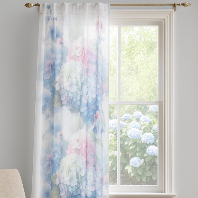 Pastel Hydrangea Floral in Pink and Blue  Sheer Curtains (Showcasing dreamy, pastel hydrangea floral curtains in a sheer fabric)