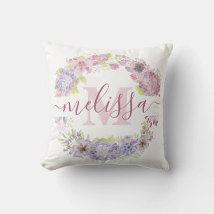 Pastel hydrangea wreath personalized throw pillow