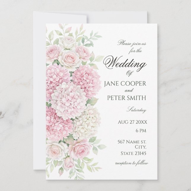 Pastel hydrangeas and roses Budget Wedding Invitation (Front)