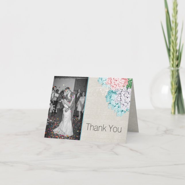 Pastel Hydrangeas Wedding Photo Thank You Card (Front)