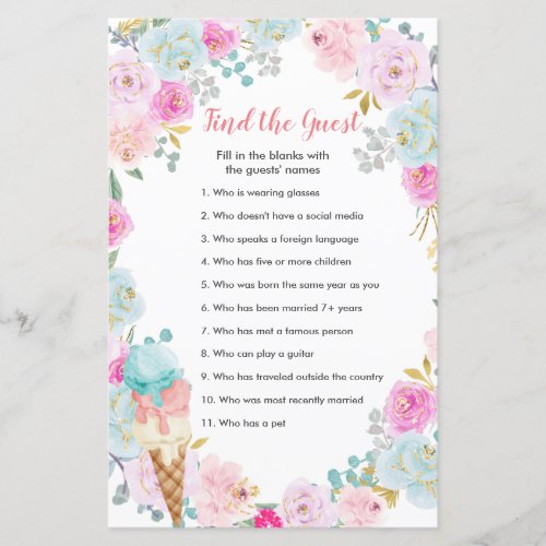 Pastel ice cream floral Find the Guest game