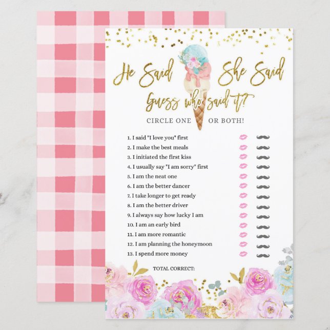 Pastel Ice Cream Floral He said She said Game Card (Front/Back)