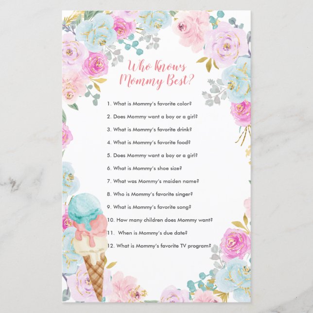 Pastel Ice Cream Floral Who Knows Mommy Best Game (Front)