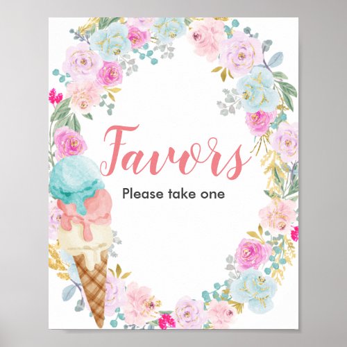 Pastel Ice cream Flowers Watercolor Favor Sign