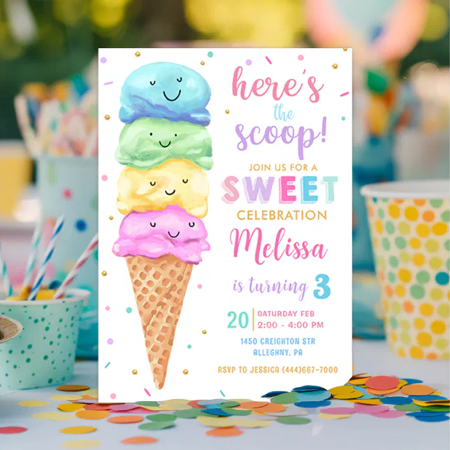 Pastel Ice Cream Here's The Scoop Birthday Invitation 