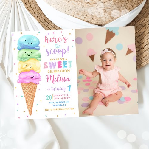 Pastel Ice Cream Heres the Scoop Birthday Photo Invitation