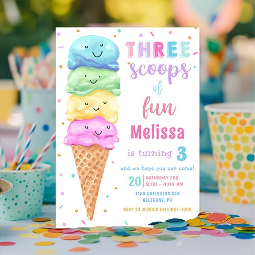 Pastel Ice Cream Three Scoops of Fun Birthday Invitation