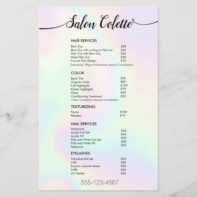 Pastel Iridescent Calligraphy Salon Service Menu Flyer (Front)