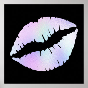 Pastel Iridescent Foil Lipstick Kiss on Black Poster