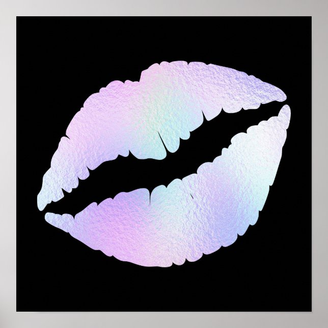 Pastel Iridescent Foil Lipstick Kiss on Black Poster (Front)