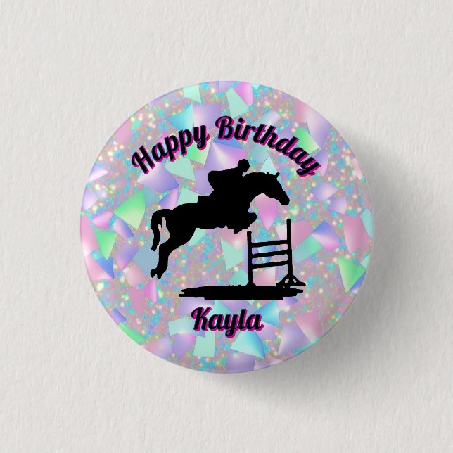 Pastel Iridescent Happy Birthday Horse Girl Button (Front)