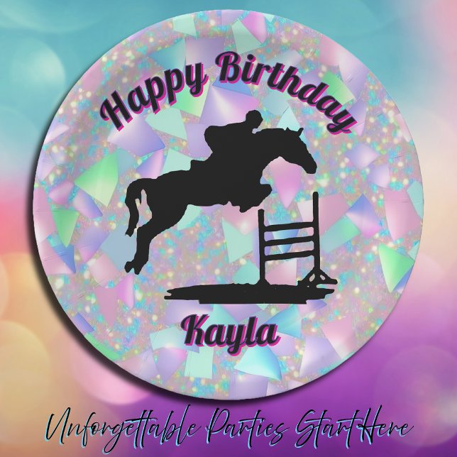 Pastel Iridescent Happy Birthday Horse Girl Paper Plates (Horse Birthday)