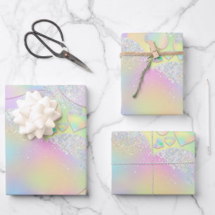 Pastel Iridescent Heart Patterned Wrapping Paper Sheets