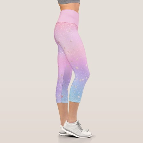 Pastel Iridescent Holographic Glitter Stars Galaxy Capri Leggings