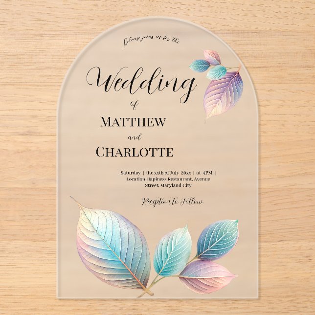 Pastel Iridescent Leaves Wedding Dreamy Pastels Acrylic Invitations (Front)