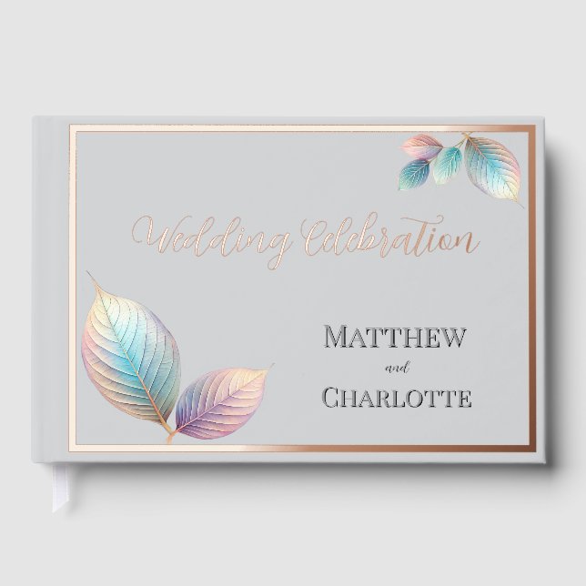 Pastel Iridescent Leaves Wedding Dreamy Pastels Foil Guest Book (Front)