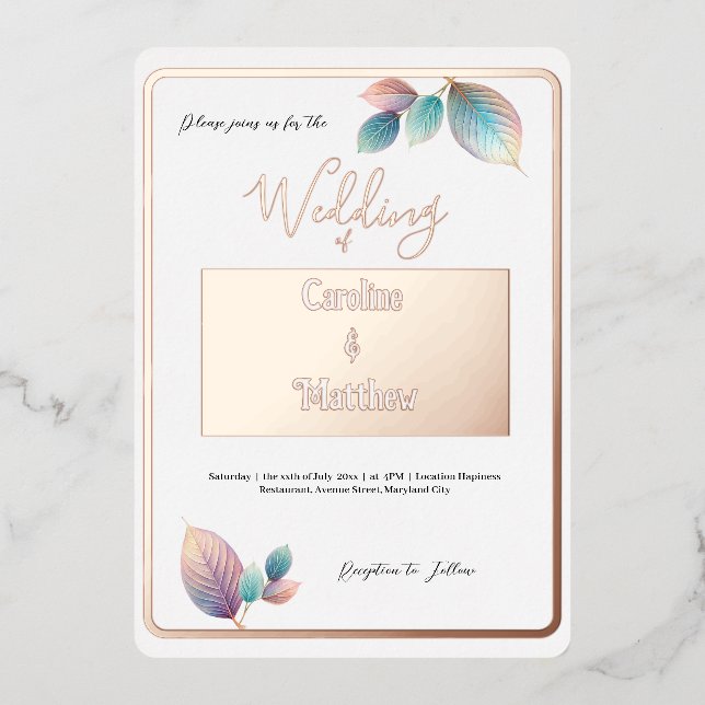 Pastel Iridescent Leaves Wedding Dreamy Pastels Foil Invitation (Front)