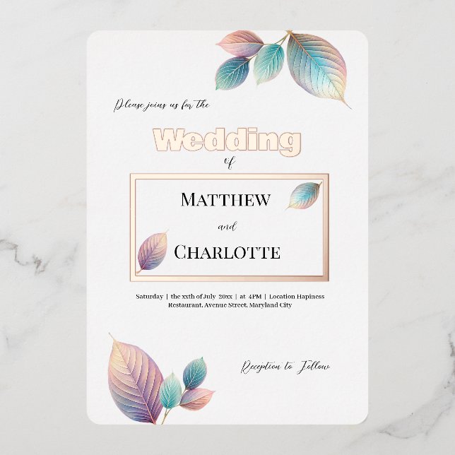 Pastel Iridescent Leaves Wedding Dreamy Pastels Foil Invitation (Front)