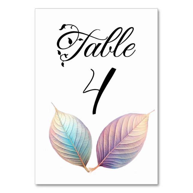 Pastel Iridescent Leaves Wedding Dreamy Pastels Table Number (Front)