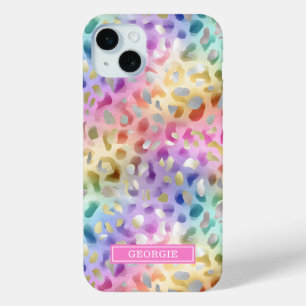 Pastel Iridescent Leopard Print Monogrammed iPhone 15 Plus Case