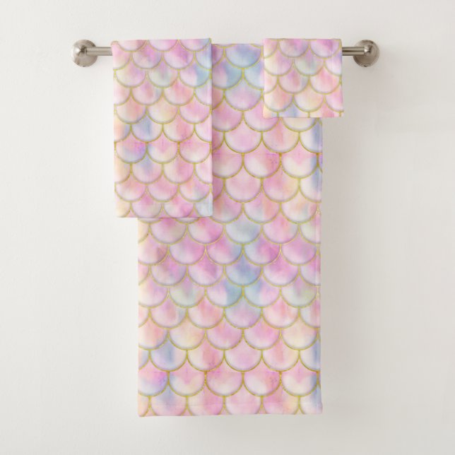 Pastel Iridescent Mermaid Scales Pattern Bath Towel Set (Insitu)