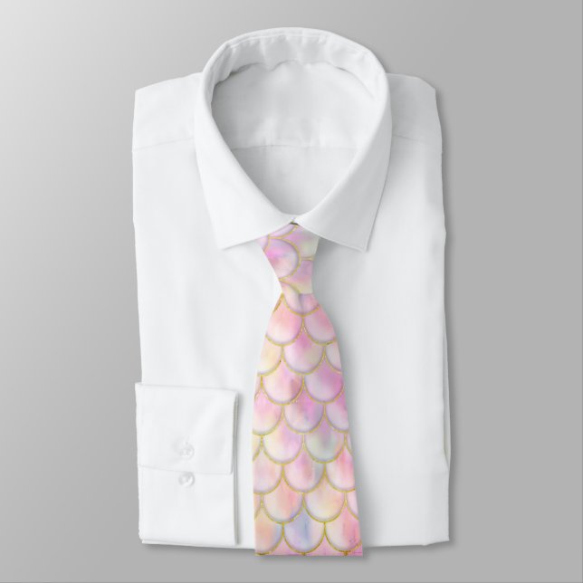 Pastel Iridescent Mermaid Scales Pattern Neck Tie (Tied)