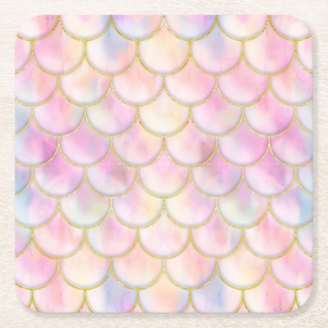 Pastel Iridescent Mermaid Scales Pattern Square Paper Coaster (Front)