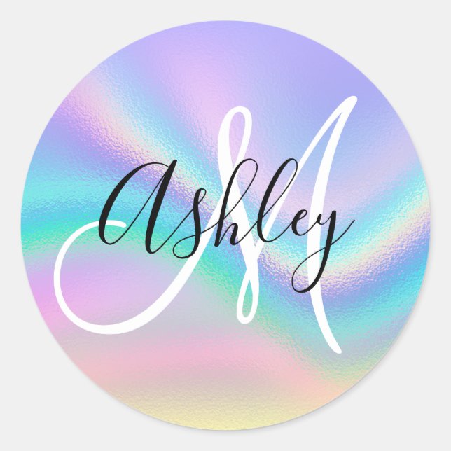 Pastel Iridescent Rainbow Wave Ombre Foil Monogram Classic Round Sticker (Front)
