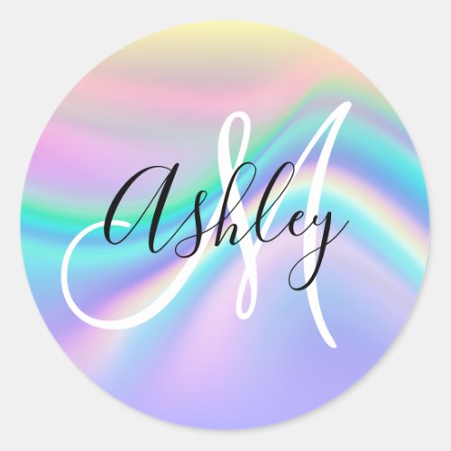 Pastel Iridescent Rainbow Wave Ombre Monogram Classic Round Sticker