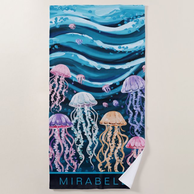 Pastel Jellyfish & Blue Waves Custom Beach Towel (Front)