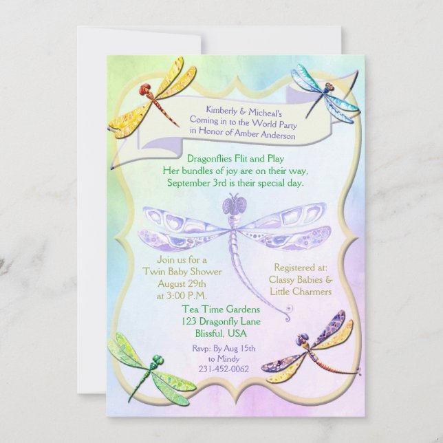 Pastel Jewel Tone Dragonfly Baby Shower Invite (Front)