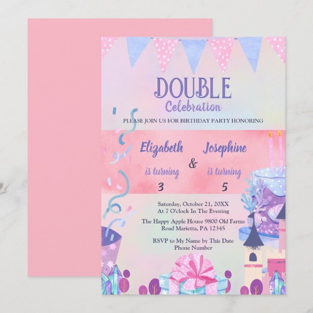 Pastel Joint Girls Double Birthday Celebration Invitation (Front/Back)