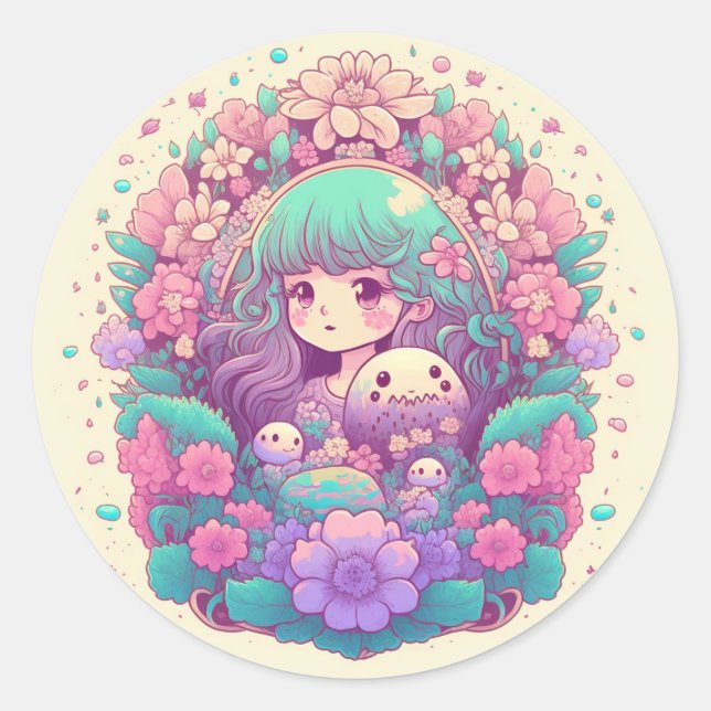 Pastel kawaii anime girl flower stickers (Front)