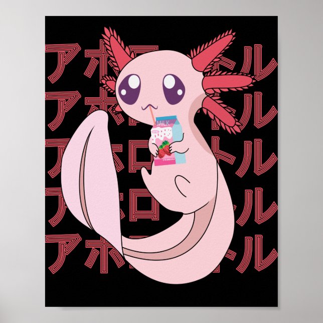 Pastel Kawaii Axolotl Strawberry Milkshake Japanes Poster (Front)