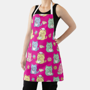 Pastel Kawaii Baking Cats Seamless Pattern Kitchen Apron