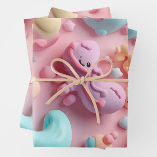 Pastel Kawaii Candy Character Art Wrapping Paper Sheets