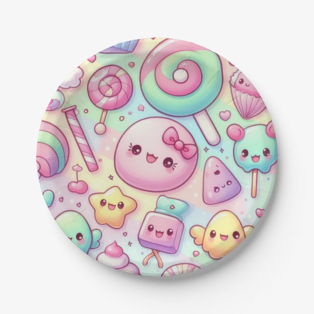 Pastel Kawaii Candy Pattern Kids Birthday Party Paper Plates (Front)