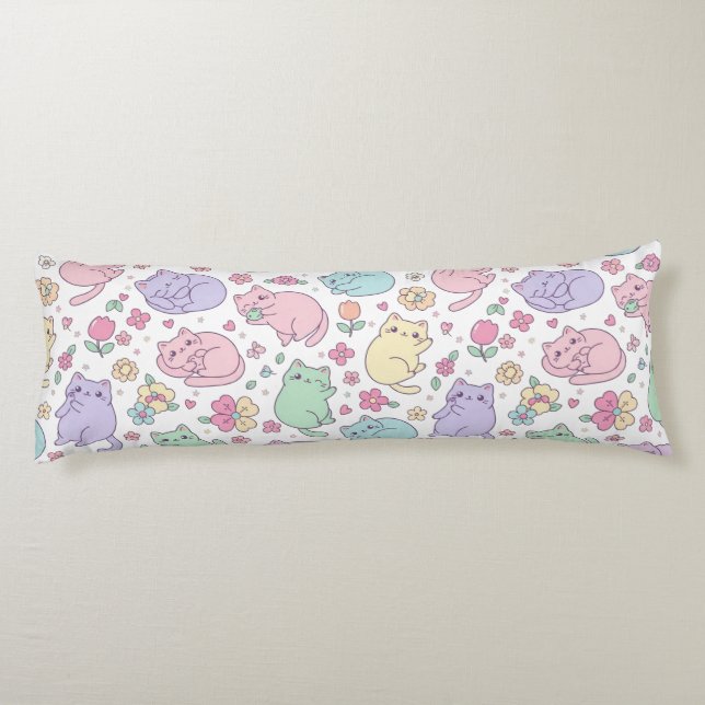 Pastel Kawaii Cats and Flowers Pattern  Body Pillow (Back)