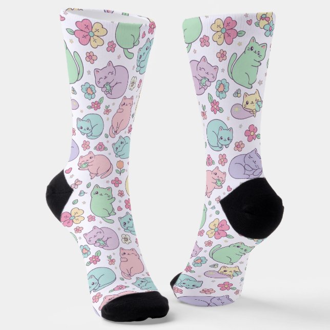 Pastel Kawaii Cats and Spring Flowers Pattern  Socks (Angled)