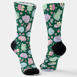 Pastel Kawaii Cats and Spring Flowers Pattern Socks