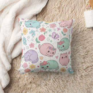 Pastel Kawaii Cats and Spring Flowers Throw Pillow