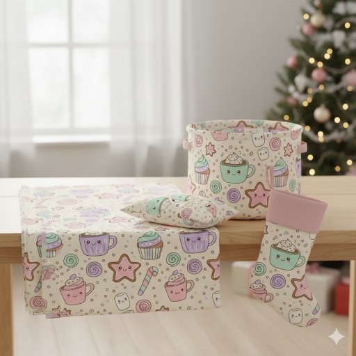 Pastel Kawaii Christmas Treats & Hot Cocoa Fabric