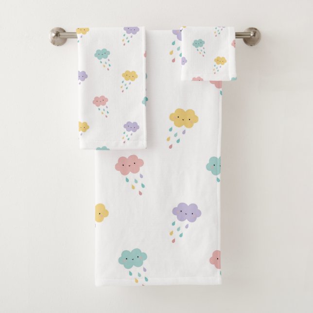 Pastel Kawaii Cloud Pattern Bath Towel Set (Insitu)