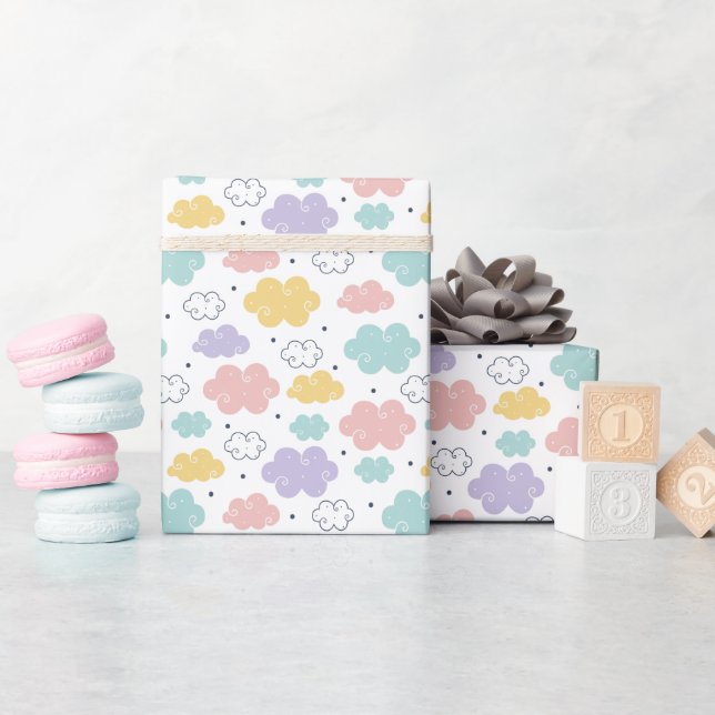 Pastel Kawaii Cloud Pattern Wrapping Paper Roll (Baby Shower)