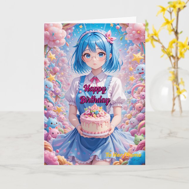 Pastel Kawaii Girl Cake Celebration Card (Yellow Flower)